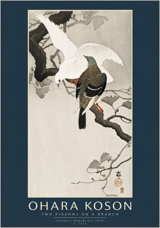 Ohara Koson Two Pigeons on a Branch No3 - Plakat