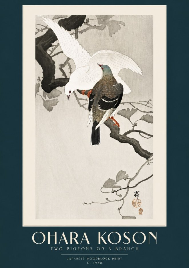 Ohara Koson Two Pigeons on a Branch No5 - Plakat