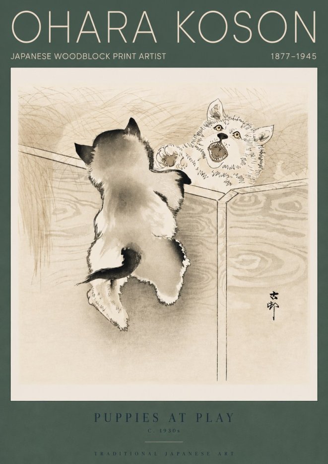 Ohara Koson Puppies at Play No4 - Plakat