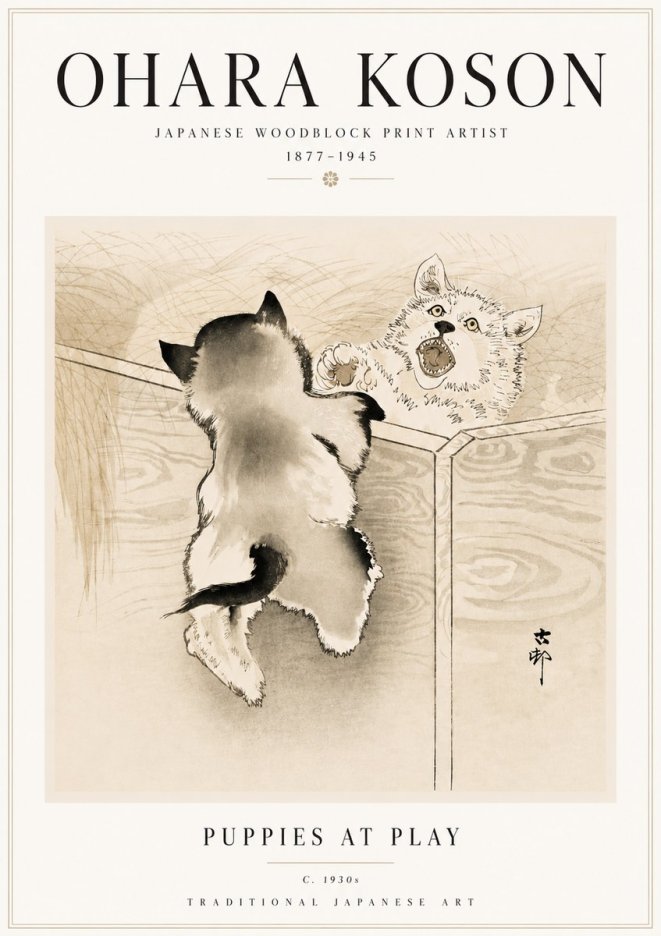 Ohara Koson Puppies at Play No5 - Plakat