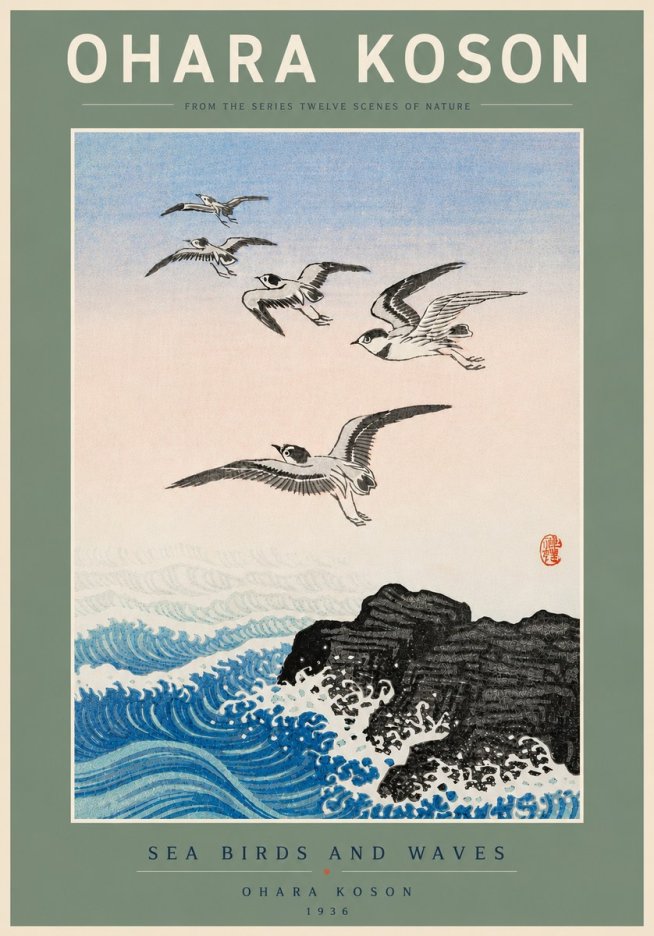 Ohara Koson Sea Birds and Waves No5 - Plakat