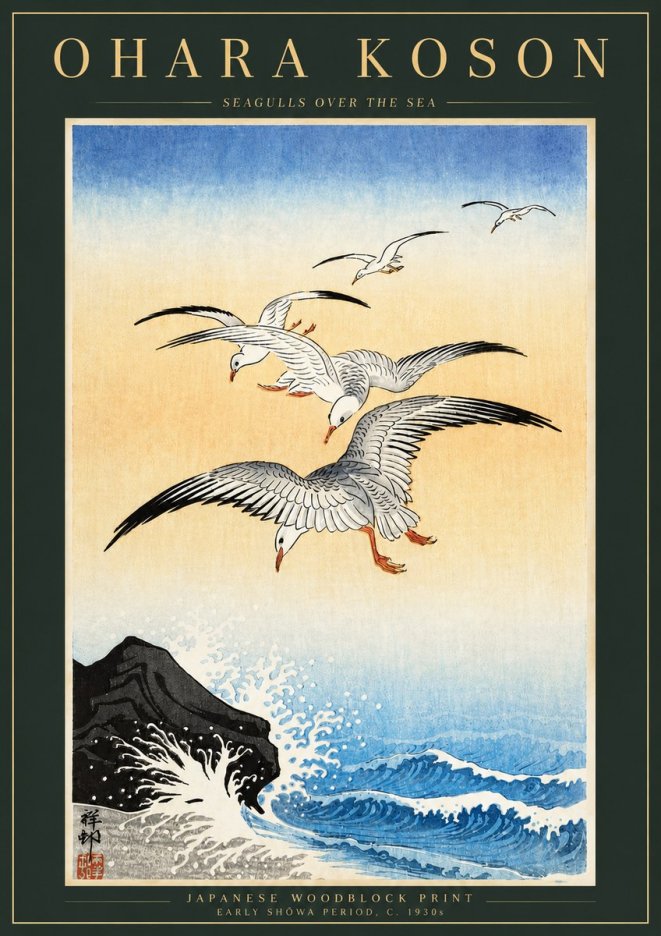 Ohara Koson Seagulls over the Sea No5 - Plakat