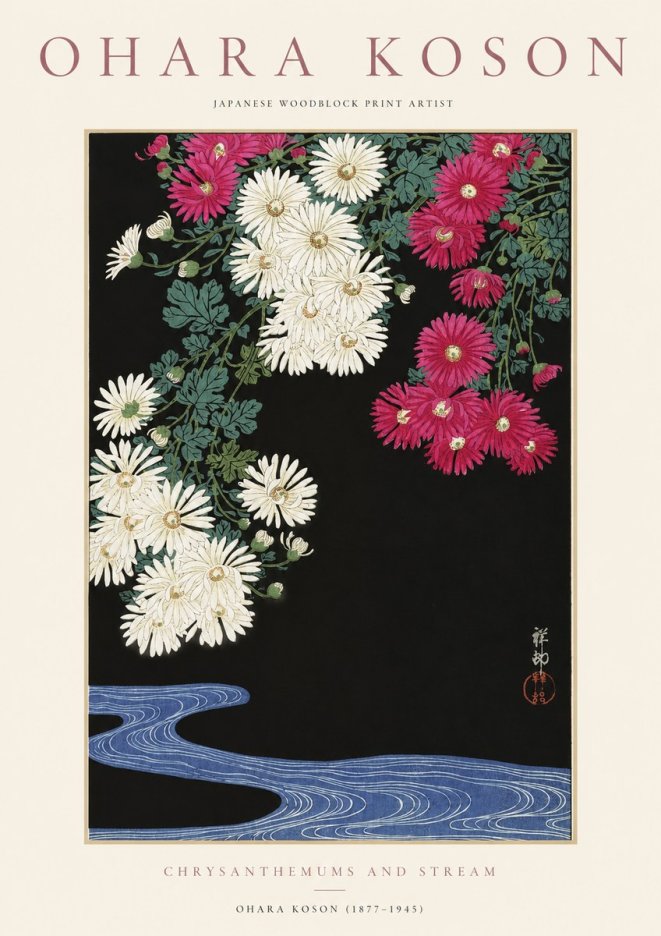 Ohara Koson Chrysanthemums and Stream No1 - Plakat