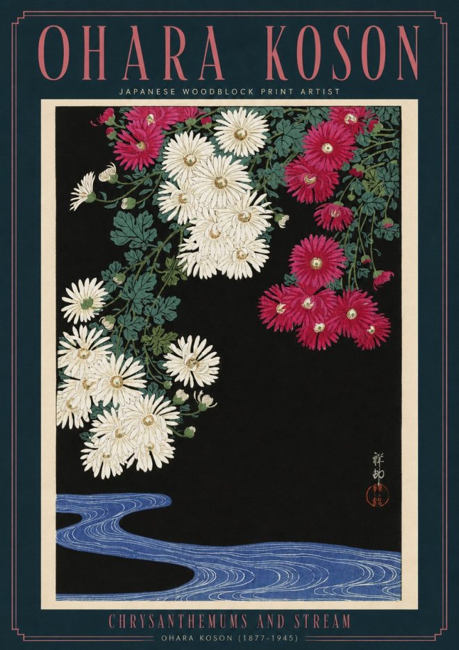 Ohara Koson Chrysanthemums and Stream No2 - Plakat