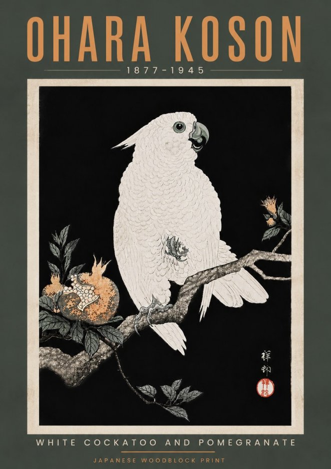 Ohara Koson White Cockatoo and Pomegranate II No5 - Plakat