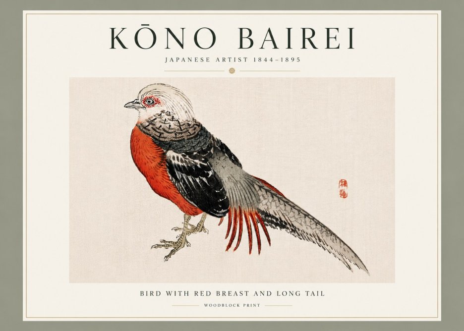 Kōno Bairei Bird with Red Breast and Long Tail No3 - Plakat