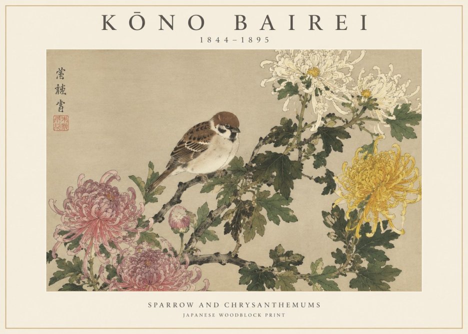 Kōno Bairei Sparrow and Chrysanthemums No1 - Plakat