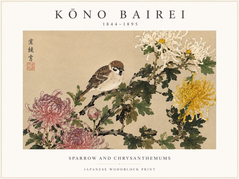 Kōno Bairei Sparrow and Chrysanthemums No3 - Plakat