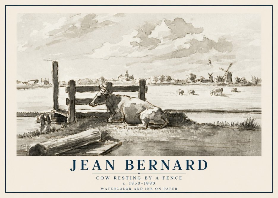 Jean Bernard Cow Resting by a Fence No2 - Plakat