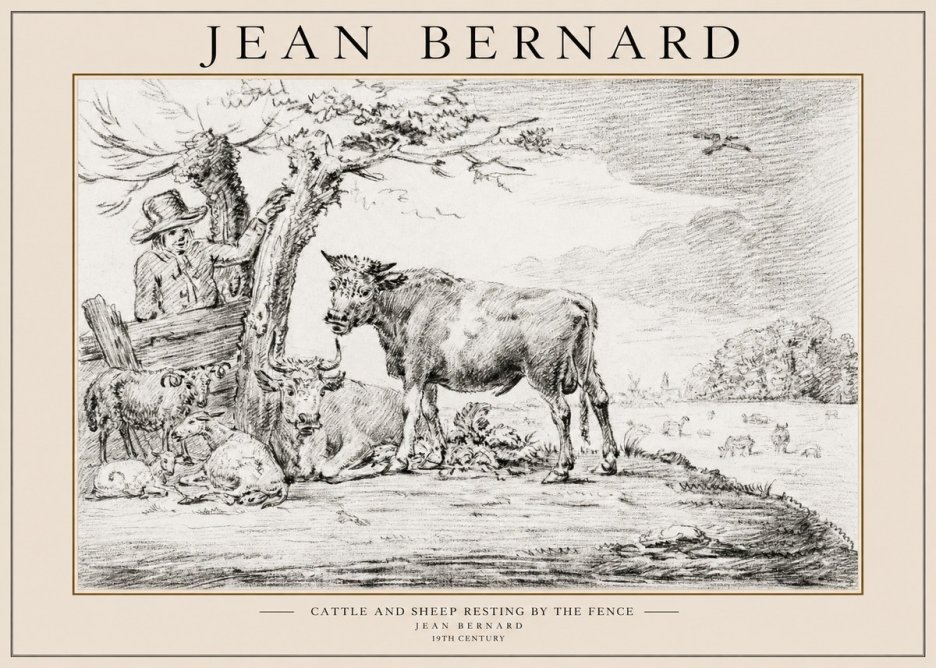 Jean Bernard Cattle and Sheep Resting by the Fence No1 - Plakat