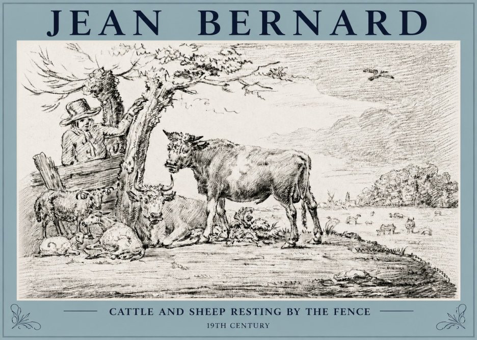 Jean Bernard Cattle and Sheep Resting by the Fence No3 - Plakat