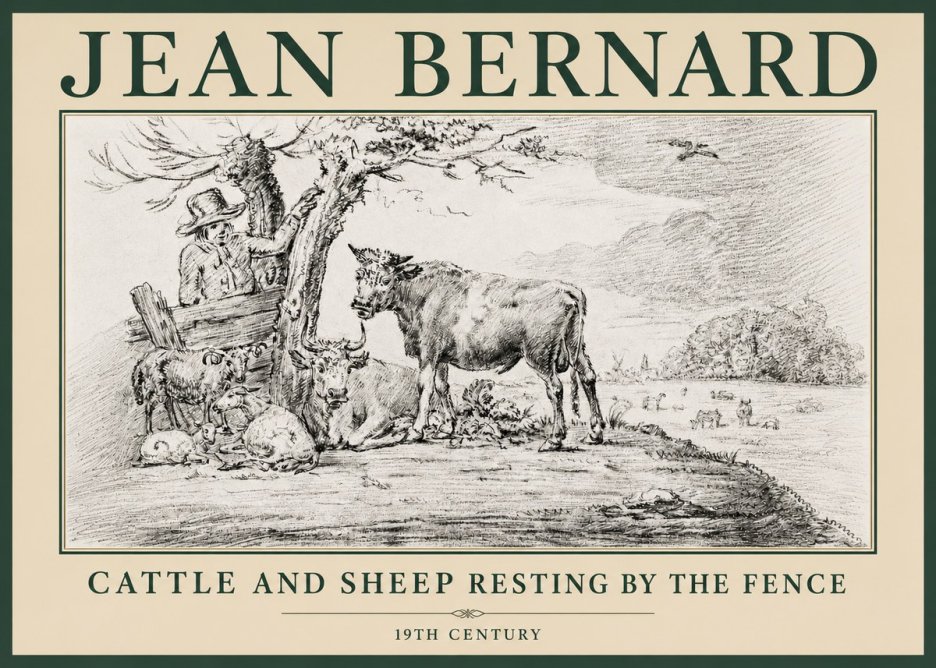 Jean Bernard Cattle and Sheep Resting by the Fence No4 - Plakat