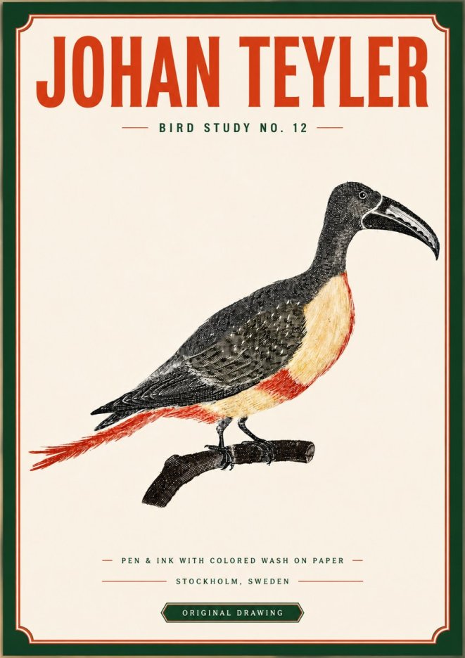 Johan Teyler Bird Study No. 12 - Original Drawing No3 - Plakat