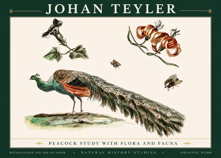 Johan Teyler Peacock Study with Flora and Fauna No5 - Plakat
