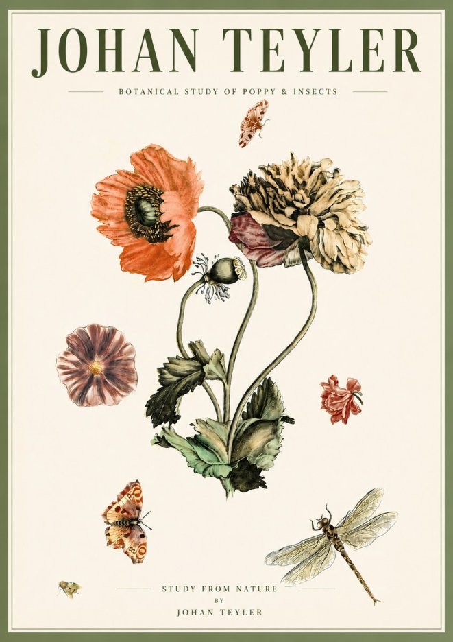 Johan Teyler Botanical Study of Poppy & Insects No5 - Plakat