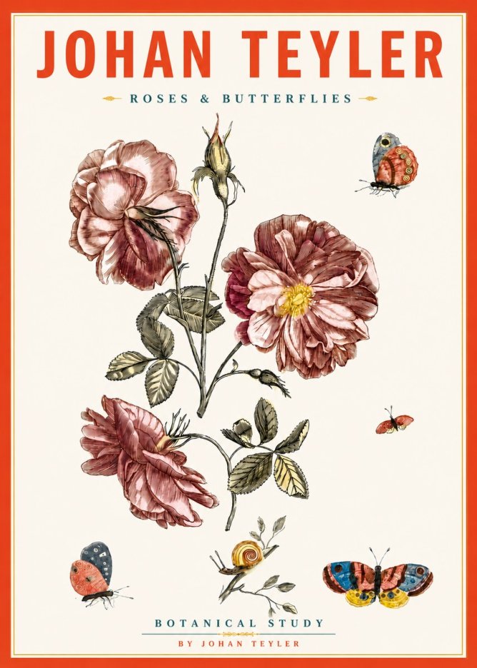 Johan Teyler Roses & Butterflies - Botanical Study No5 - Plakat
