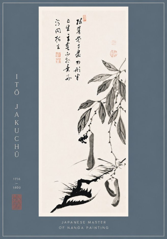 Itō Jakuchū Branch with Pods and Calligraphy No6 - Plakat