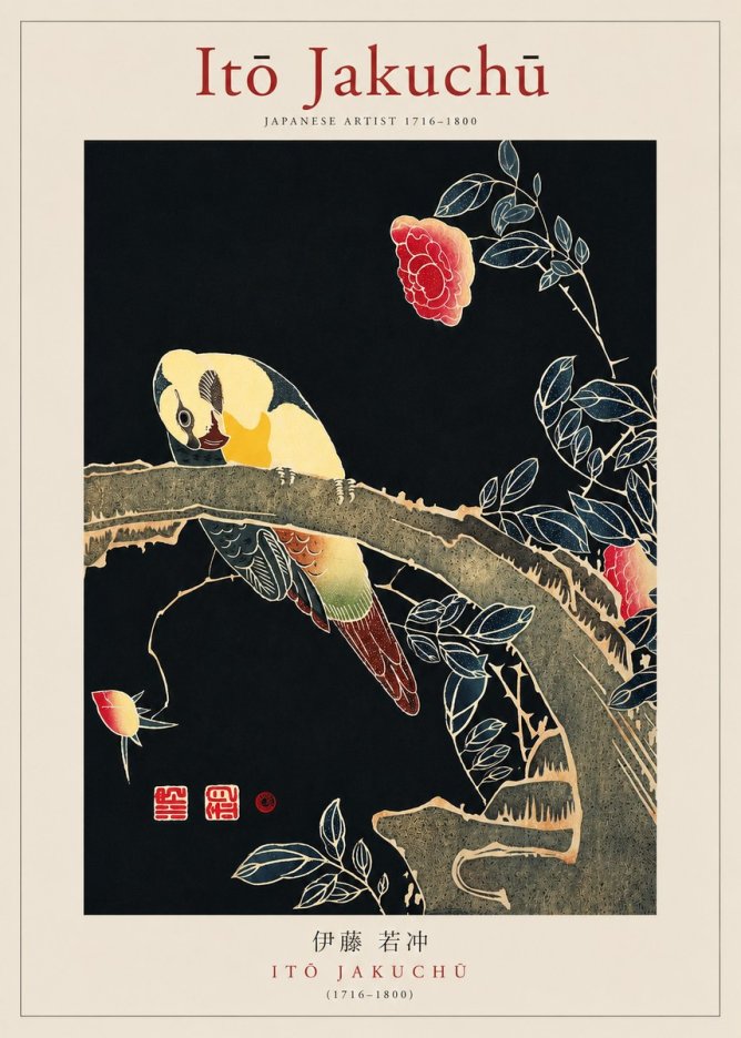 Itō Jakuchū Parrot and Rose No3 - Plakat