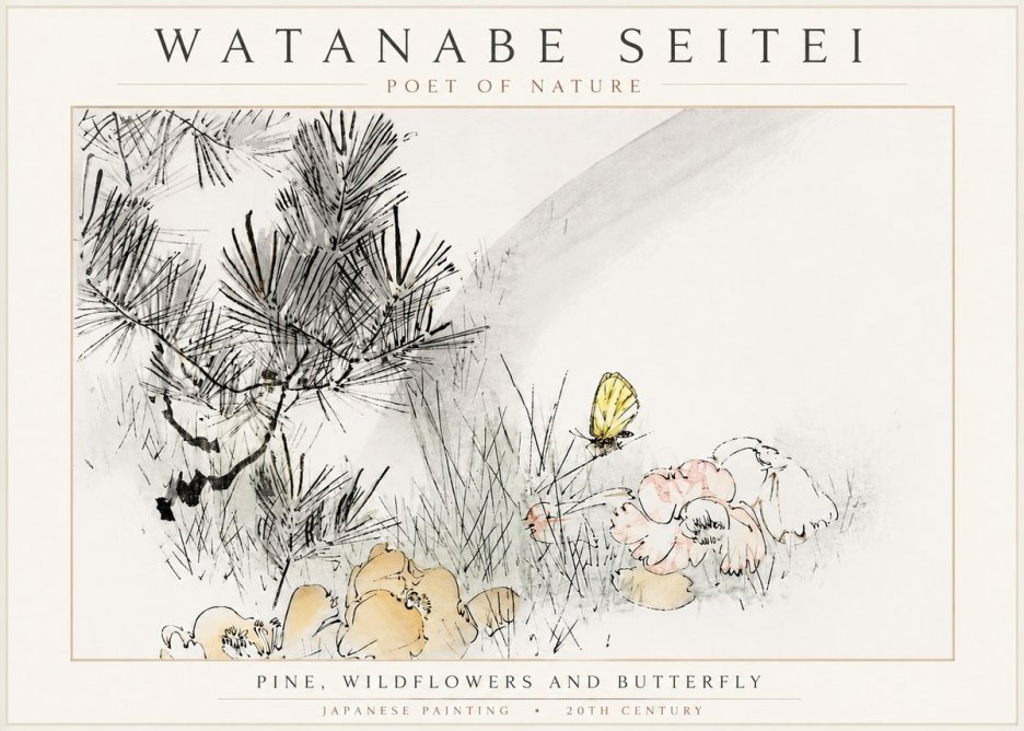 Watanabe Seitei Pine, Wildflowers and Butterfly No3 - Plakat