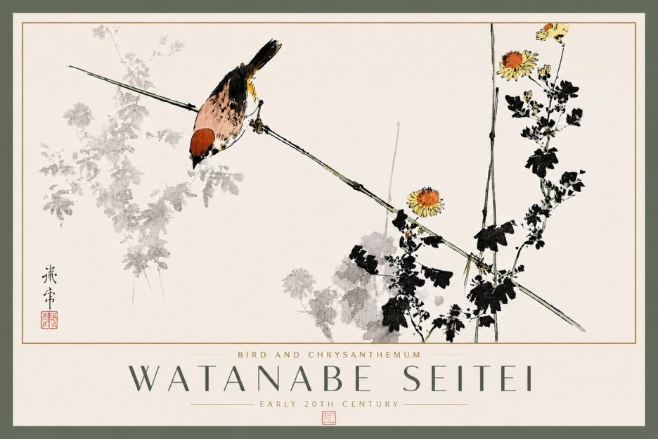 Watanabe Seitei Bird and Chrysanthemum No5 - Plakat