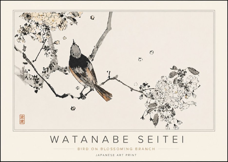 Watanabe Seitei Bird on Blossoming Branch No5 - Plakat