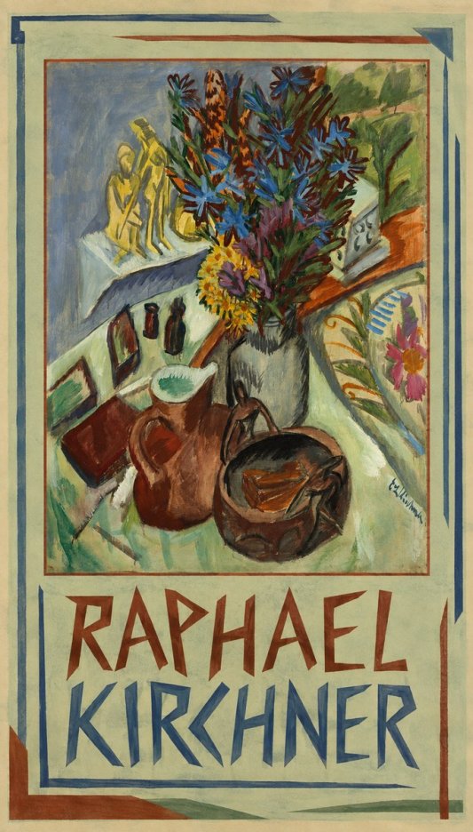 Raphael Kirchner Still Life with Blue Flowers and Figurines No1 - Plakat