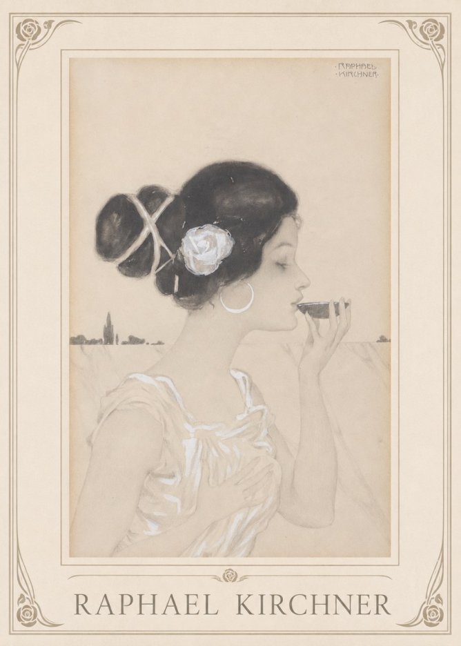 Raphael Kirchner Elegant Lady with Rose and Cup No1 - Plakat