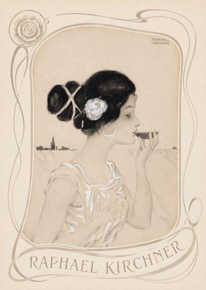 Raphael Kirchner Elegant Lady with Rose and Cup No4 - Plakat
