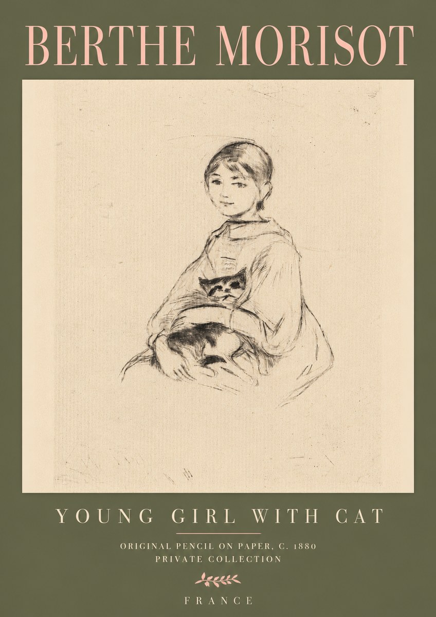 Berthe Morisot Young Girl with Cat No4 - Plakat