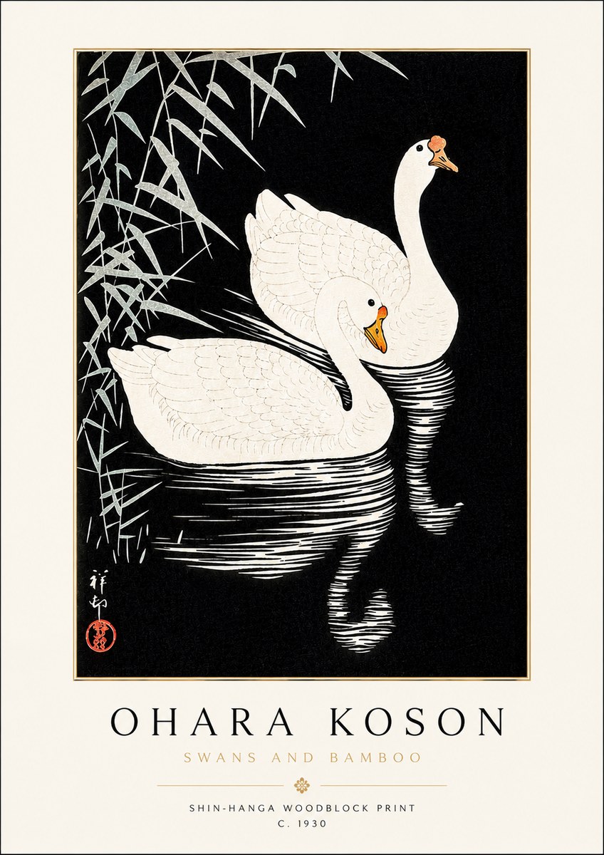 Ohara Koson Swans and Bamboo No3 - Plakat
