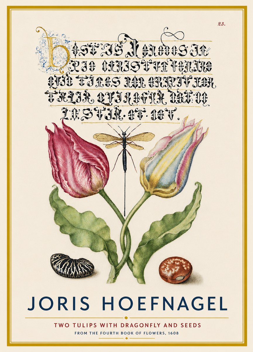 Joris Hoefnagel Two Tulips with Dragonfly and Seeds No4 - Plakat