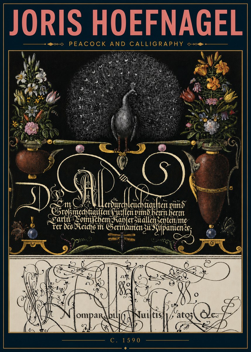 Joris Hoefnagel Peacock and Calligraphy No5 - Plakat