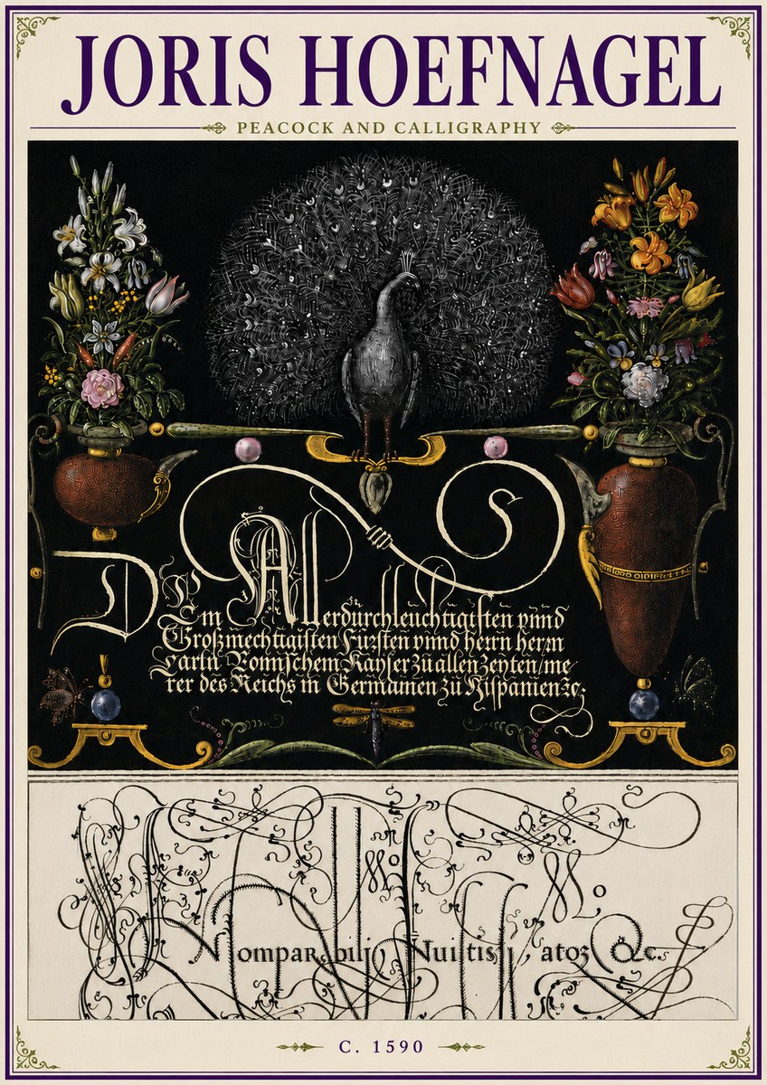 Joris Hoefnagel Peacock and Calligraphy No6 - Plakat