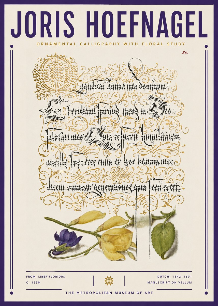 Joris Hoefnagel Ornamental Calligraphy with Floral Study No3 - Plakat