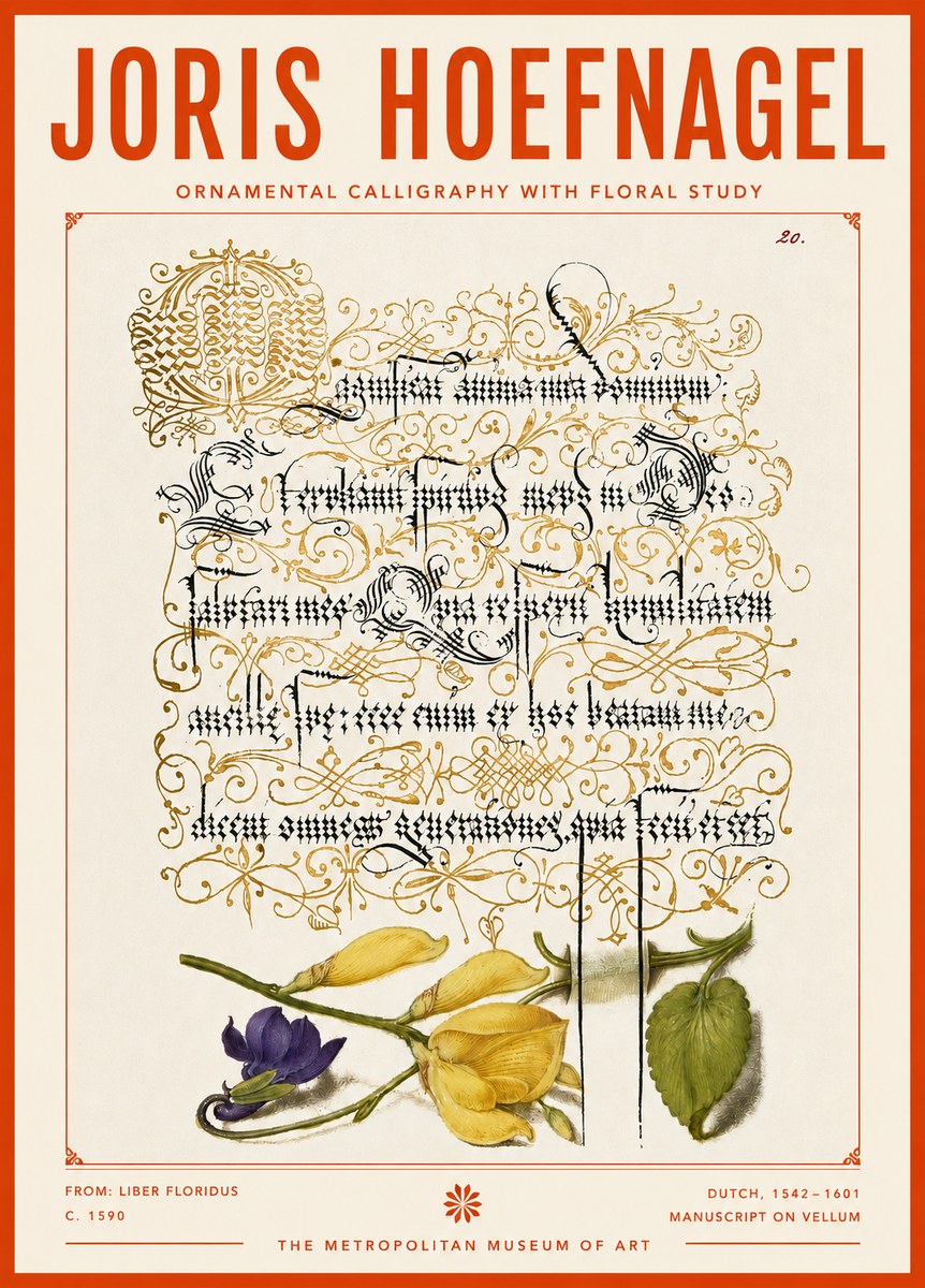 Joris Hoefnagel Ornamental Calligraphy with Floral Study No4 - Plakat