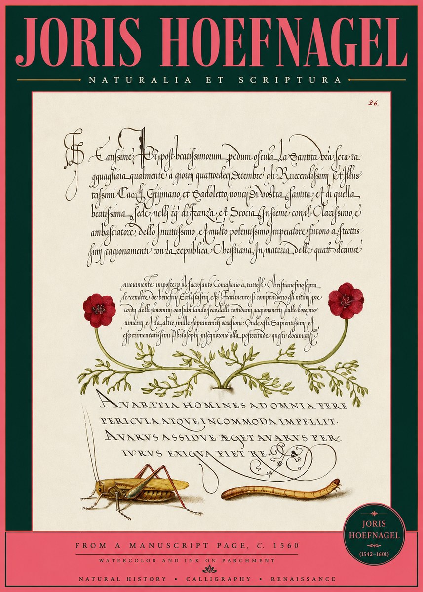 Joris Hoefnagel Illuminated Page with Flowers, Insects & Latin Script No3 - Plakat