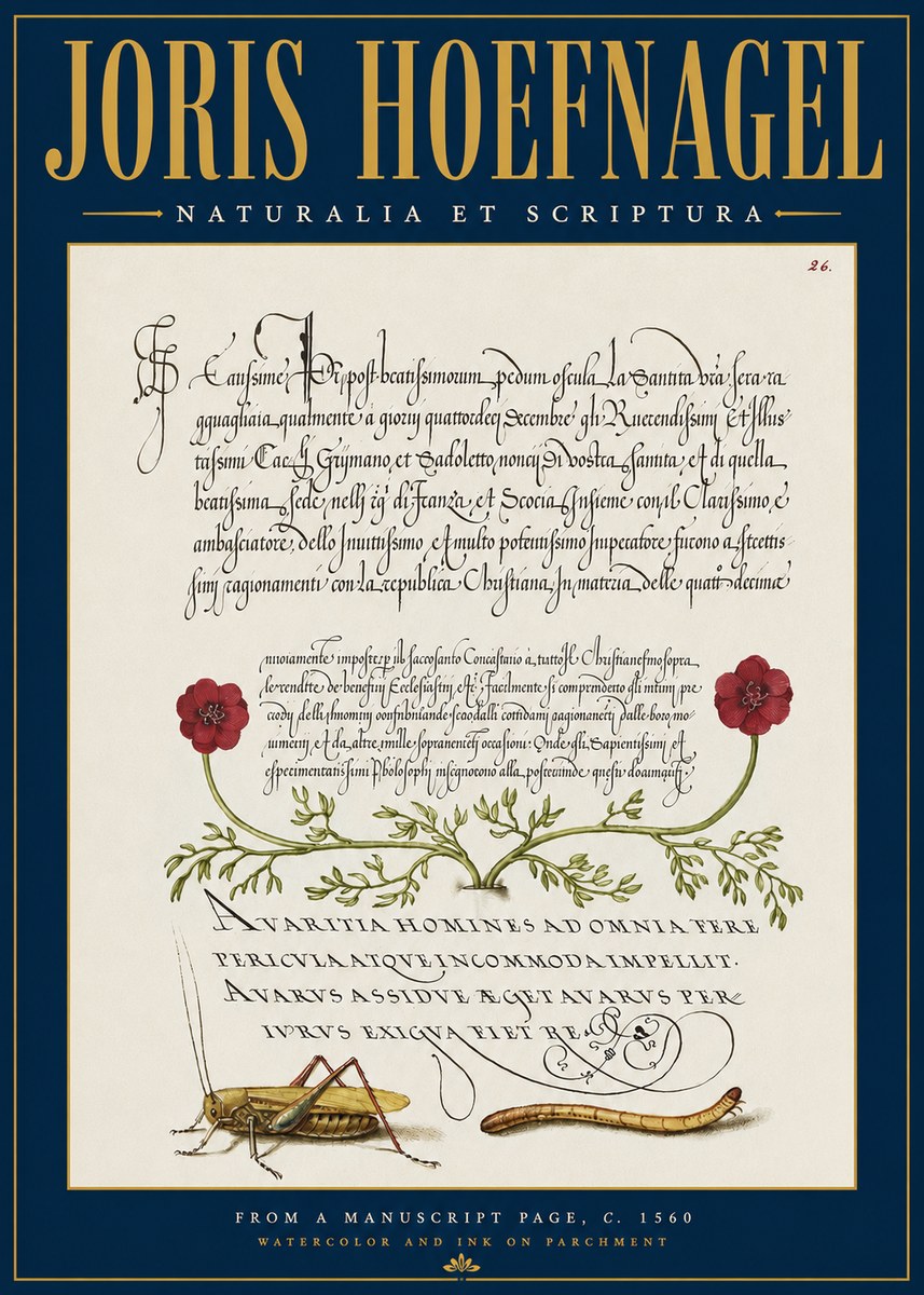 Joris Hoefnagel Illuminated Page with Flowers, Insects & Latin Script No4 - Plakat