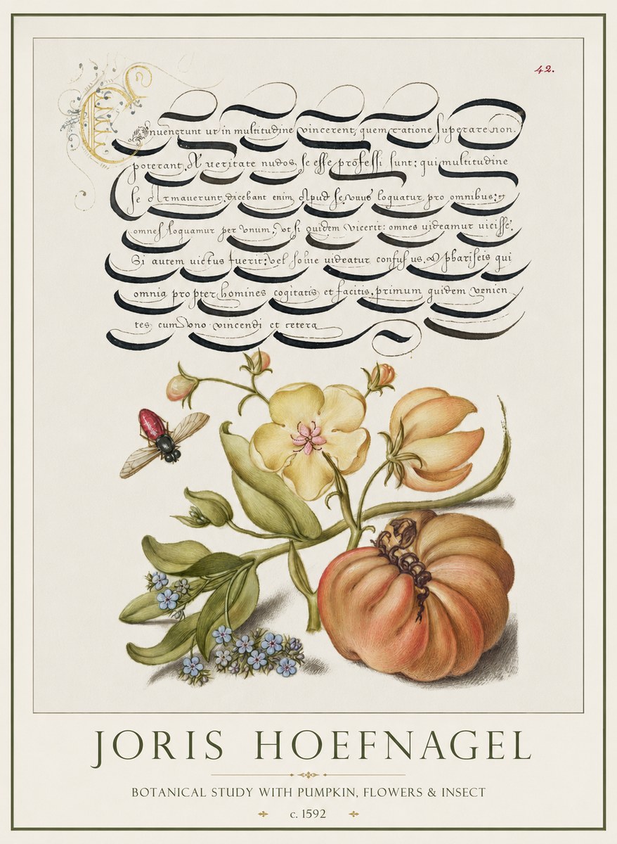 Joris Hoefnagel Botanical Study with Pumpkin, Flowers & Insect No1 - Plakat
