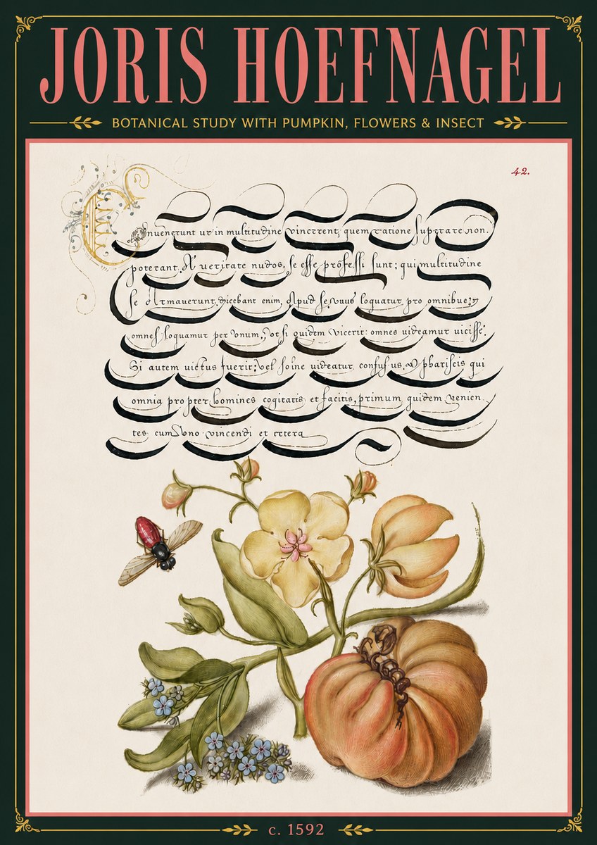 Joris Hoefnagel Botanical Study with Pumpkin, Flowers & Insect No6 - Plakat