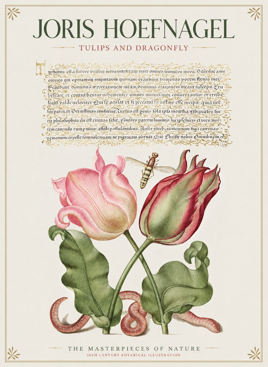 Joris Hoefnagel Two Tulips with Caterpillars and Dragonfly No2 - Plakat