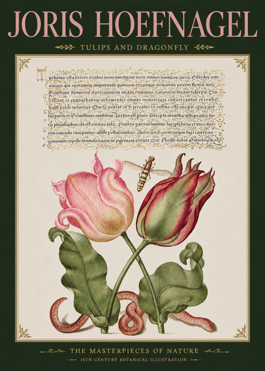 Joris Hoefnagel Two Tulips with Caterpillars and Dragonfly No5 - Plakat