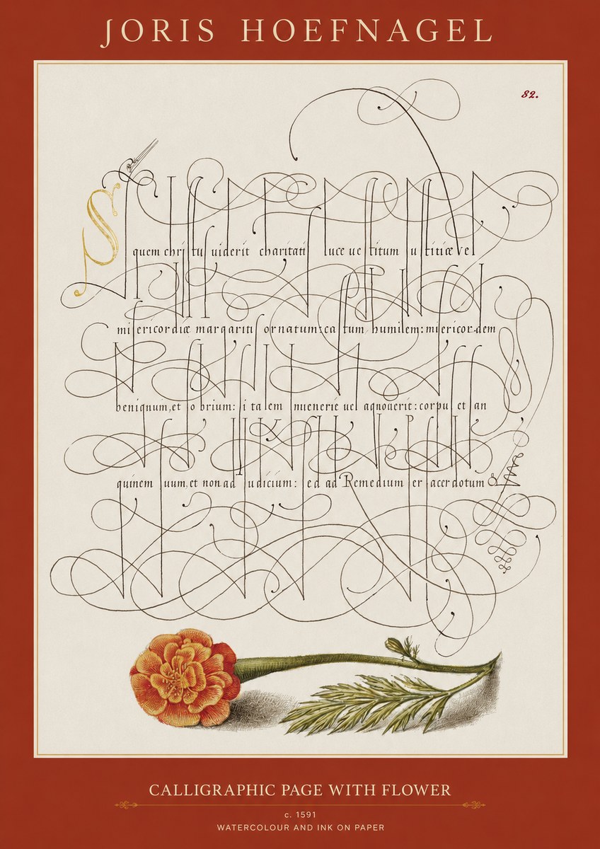 Joris Hoefnagel Calligraphic Study with Marigold No2 - Plakat