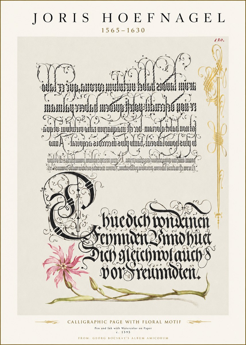 Joris Hoefnagel Calligraphy with Floral Ornament No3 - Plakat