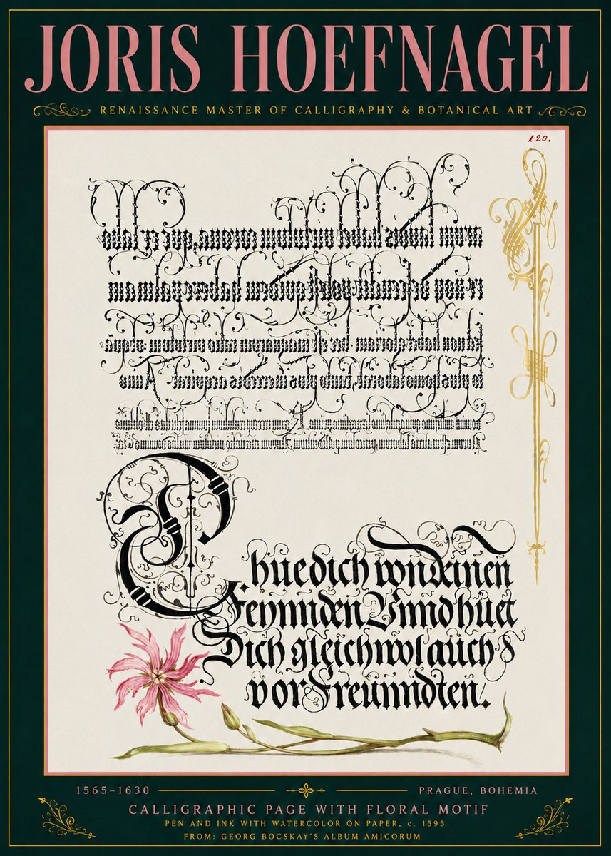 Joris Hoefnagel Calligraphy with Floral Ornament No6 - Plakat