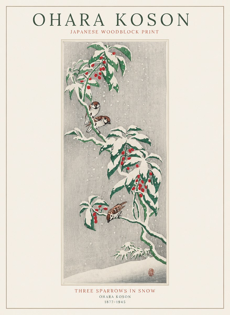 Ohara Koson Three Sparrows in Snow No1 - Plakat