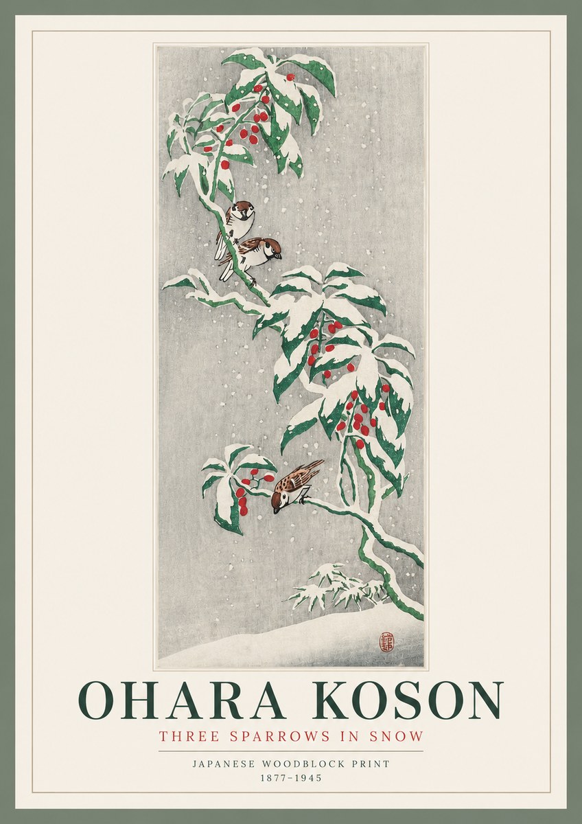 Ohara Koson Three Sparrows in Snow No2 - Plakat