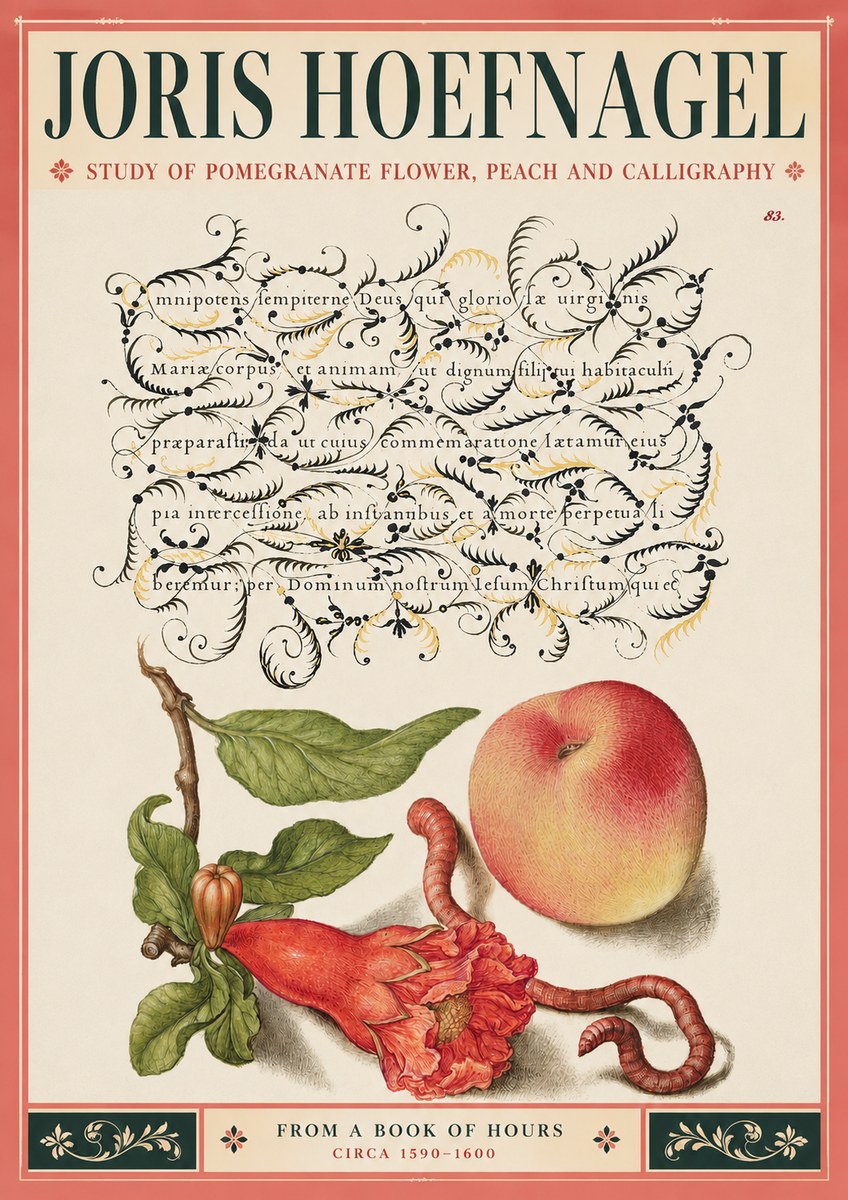 Joris Hoefnagel Study of Pomegranate Flower, Peach and Calligraphy from a Book of Hours No3 - Plakat