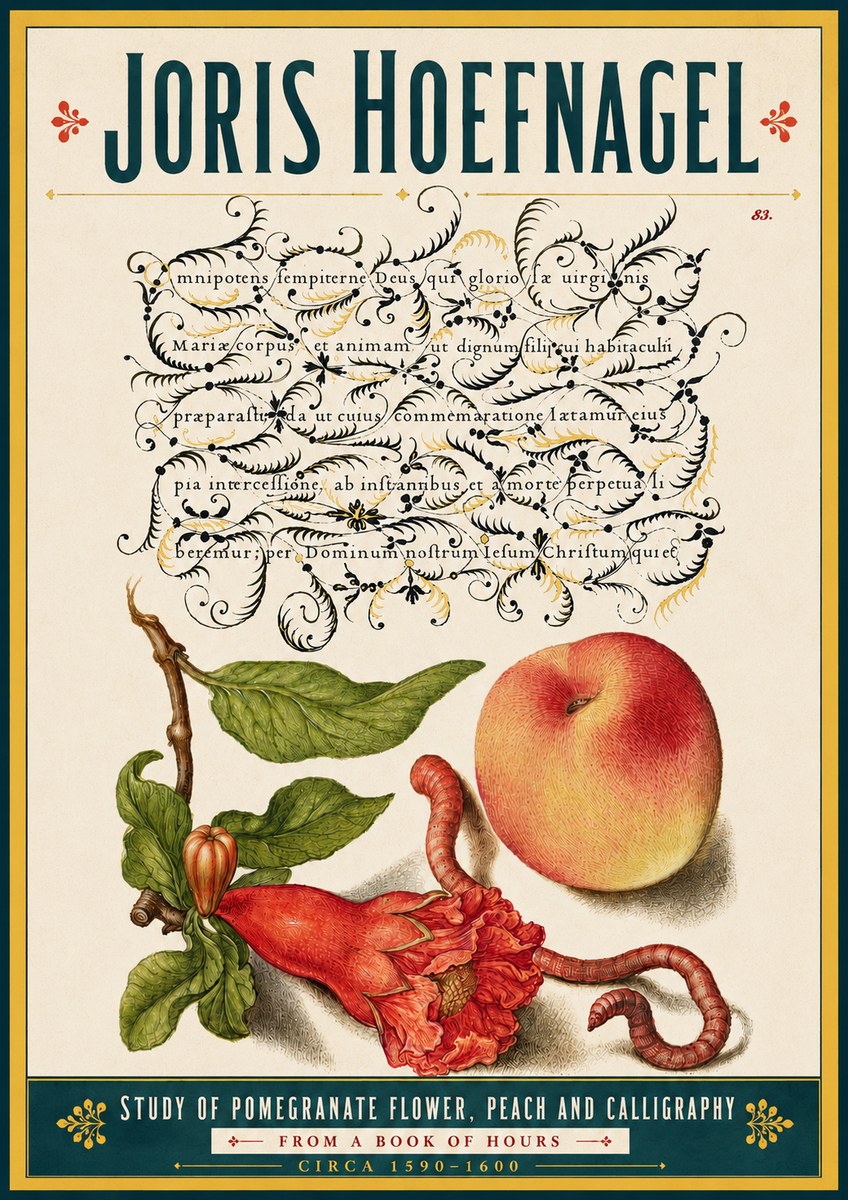 Joris Hoefnagel Study of Pomegranate Flower, Peach and Calligraphy from a Book of Hours No5 - Plakat