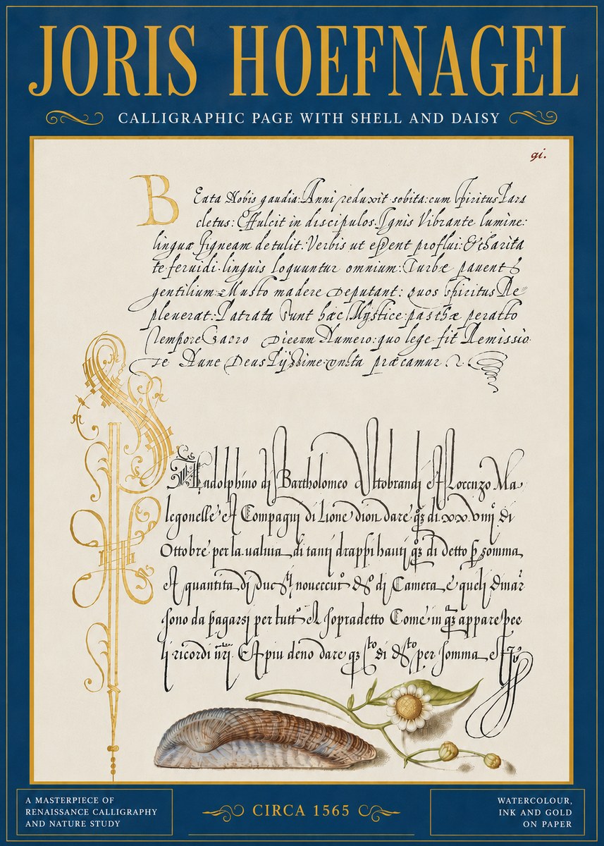 Joris Hoefnagel Calligraphic Page with Shell and Daisy No5 - Plakat