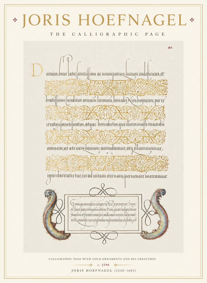 Joris Hoefnagel Calligraphic Page with Gold Ornaments and Sea Creatures No1 - Plakat